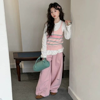 女童套装秋季儿童条纹针织马甲上衣打底衫大童女孩休闲运动裤三件