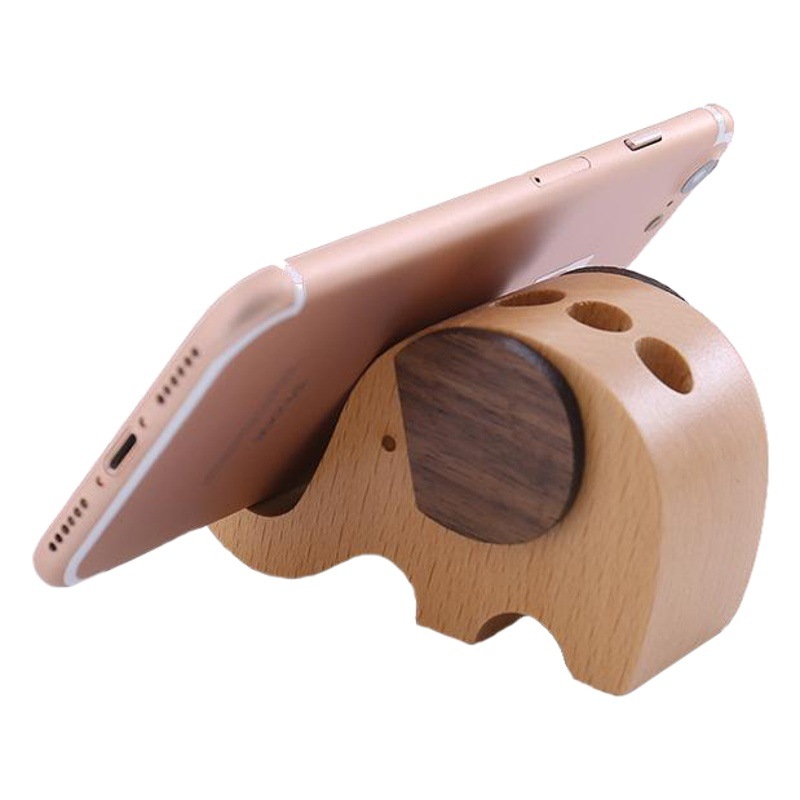 Titular de teléfono móvil de madera dibujos animados pequeño elefante titular de la pluma tarjeta de visita Multifuncional-Letras de base de teléfono móvil de madera maciza logotipo grabado