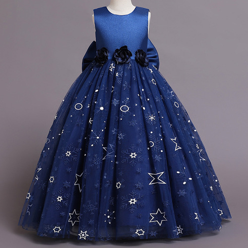 Girls' dress evening dress printed mesh puffy dress princess dress sweet host dress speech performance