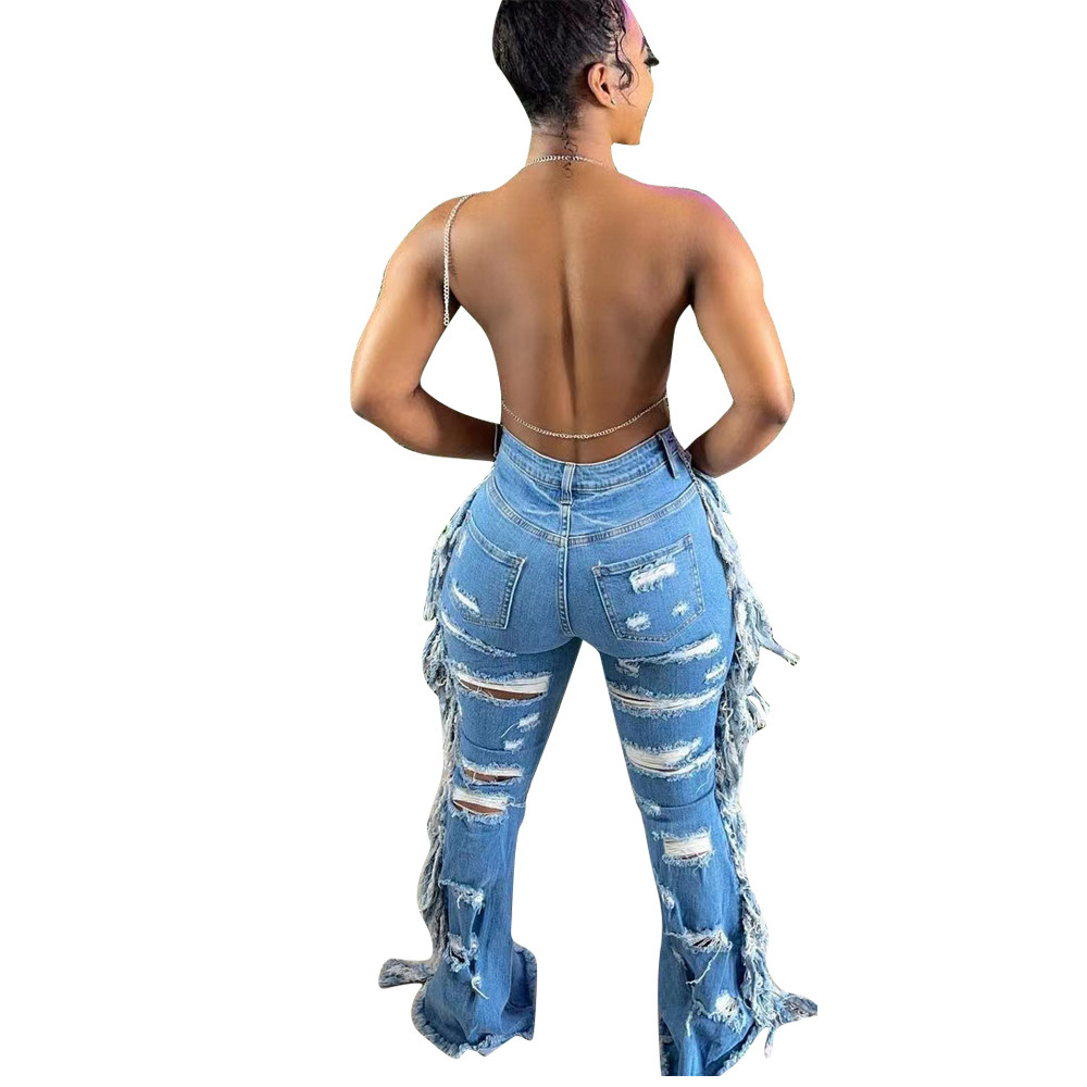 Vintage jeans med hög midja för damer med fransad kant_voghion.com