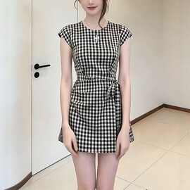 大码女装胖mm通勤风复古格纹短袖连衣裙夏上新收腰显瘦气质裙子