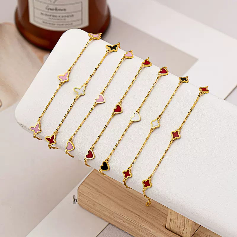 铜镀18K真金迷你四叶草手链女气质爱心蝴蝶手饰彩色滴釉小众饰品