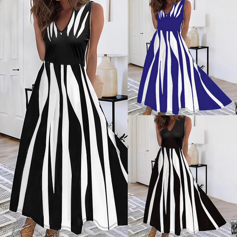 Elegant V-Neck Sleeveless Dress, Lightweight and Breathable Striped A-Line Dress, Perfect Mid-Length Dress for Summer Vacations Elegant V-Neck Sleeveless Dress, Lightweight and Breathable Striped A-Line Dress, Perfect Mid-Length Dress for Summer Vacations