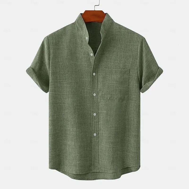 Cross-border Amazon independent site men's linen shirt, half-buttoned, button-up, stand-up collar, solid color, short-sleeved shirt Cross-border Amazon independent site men's linen shirt, half-buttoned, button-up, stand-up collar, solid color, short-sleeved shirt