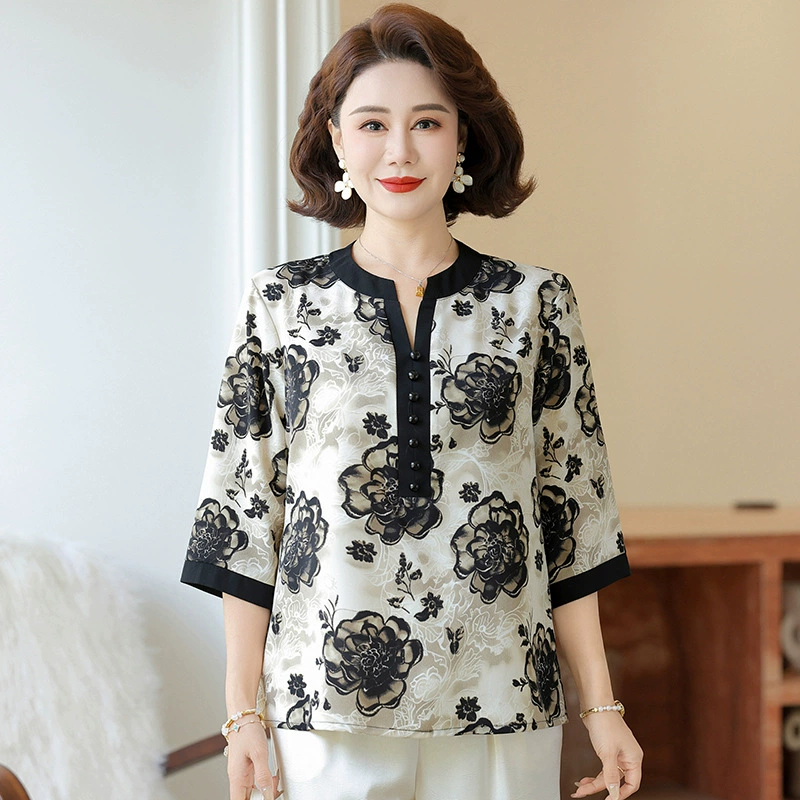 Летняя шифоновая блузка для мамы 2025, новая модная рубашка с рукавом три четверти и принтом для женщин среднего и старшего возраста