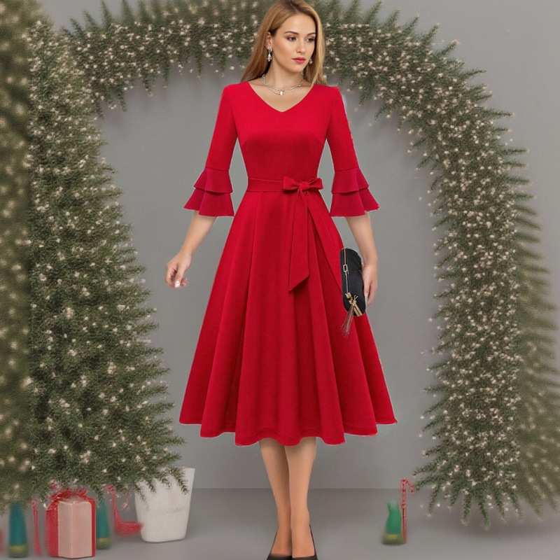 In-Stock Foreign Trade Hot-Selling Women's Clothing Amazon Temu Bestseller Christmas Party Round-Neck Slim-Fit Three-Quarter Sleeve Dress