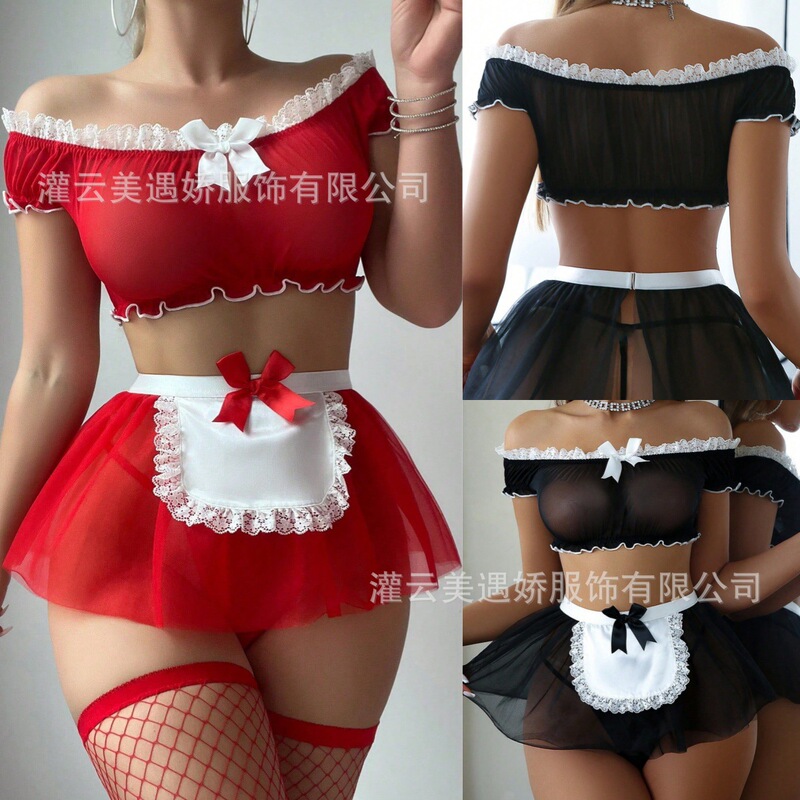 Foreign Trade Erotic Lingerie European and American Cross-Border Sexy Maid Role-Playing Cos Mesh Lace Short Skirt Chest-Wrap Temptation