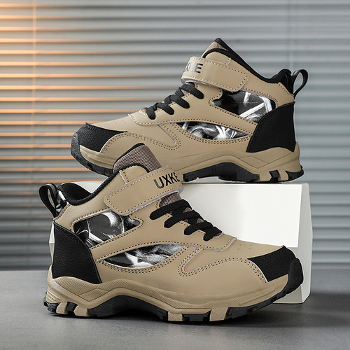 Boys 'shoes for autumn and winter, new leather surface waterproof, non-slip and wear-resistant hiking shoes, middle-aged children's outdoor sports running shoes