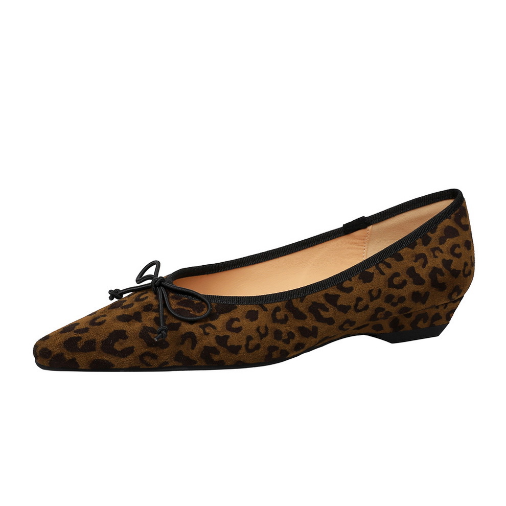 3683-19 style new pointed leopard print women's shoes with shallow mouth, sloping heel, low heel, temperament butterfly bow single shoe