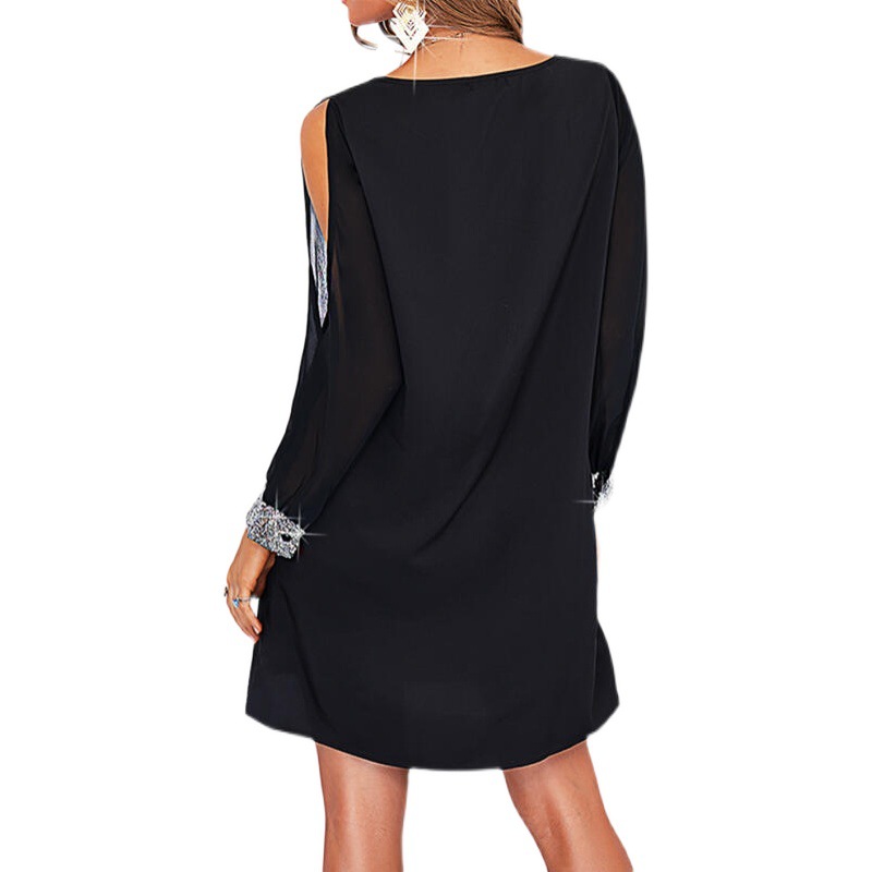 Amazon europeo y americano transfronterizo nueva ropa de mujer de color sólido fuera del hombro manga casual moda profundo cuello en V lentejuelas costura vestido image 5