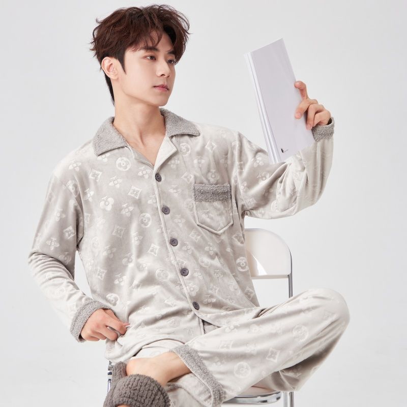 [New] Dad winter thickened long-hair flannel pajamas for the elderly coral fleece jacquard fleece home