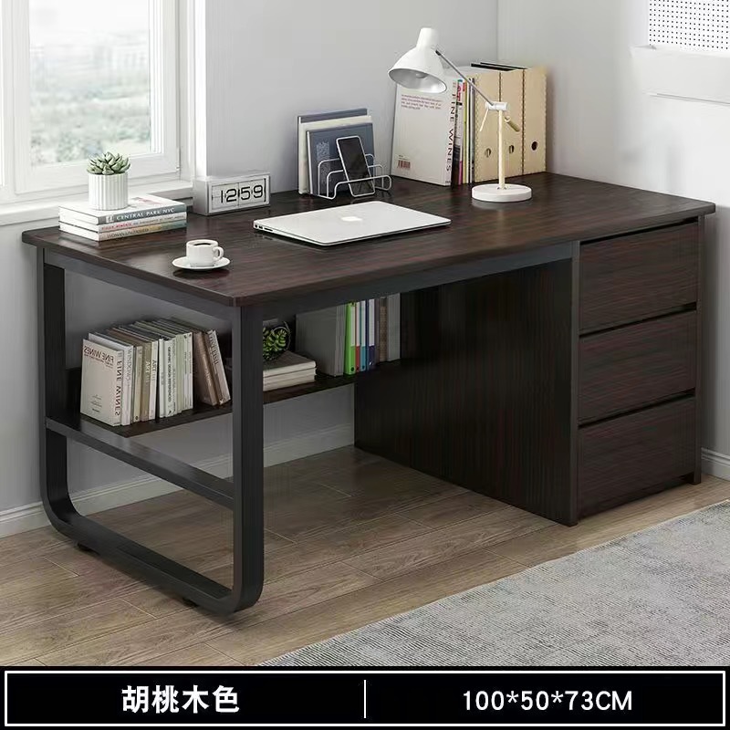 [안정적인 철제 프레임] 100CM 블랙 월넛 + 월넛 서랍 + 블랙 프레임