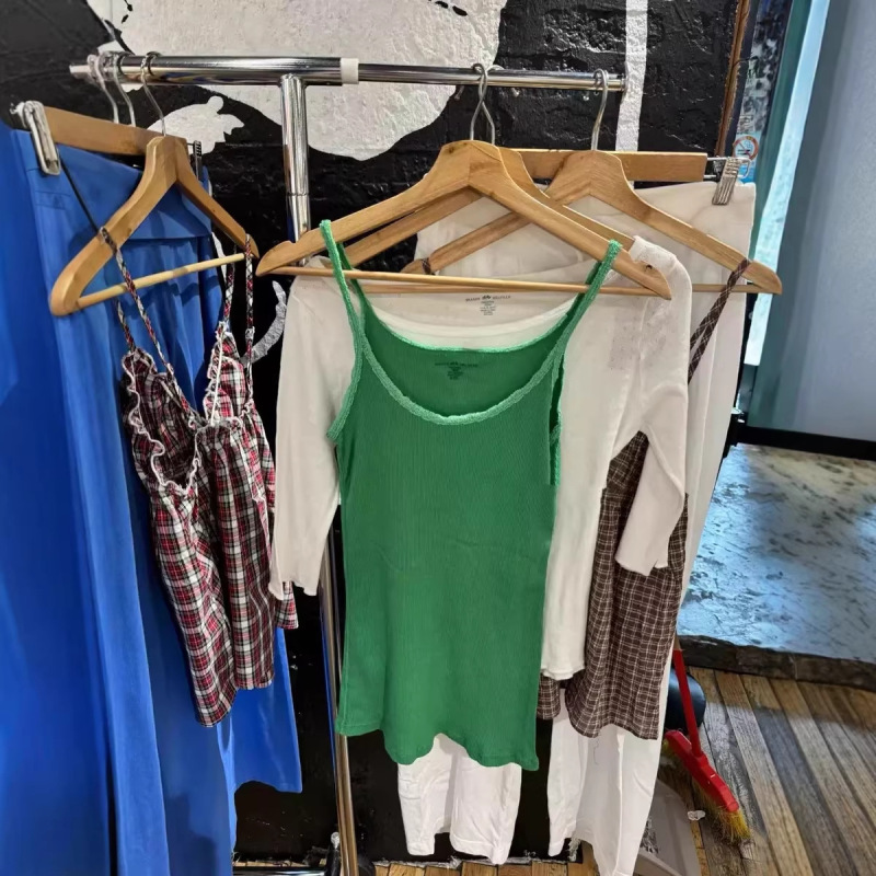 Bm New American Retro Long Green Lace-Trimmed Ribbed Camisole Bm Versatile Pure Desire Style Tank Top for Women Summer