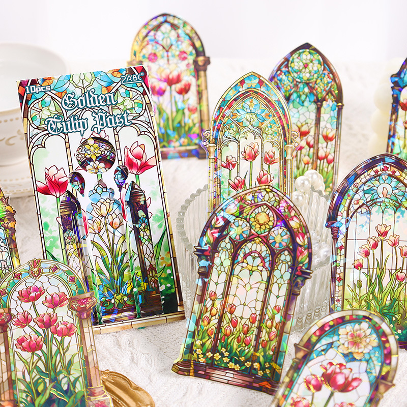 Ventana de color transparente pegatinas impermeables para mascotas paquete diy láser pegatinas decorativas de bordes de oro pegatinas de ventana de flores retro