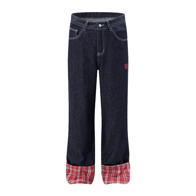 American Style Straight-Leg Rolled Hem Jeans Men Women, Spring And Autumn New Loose Patchwork Plaid Blue Pants For Men,_mkmklike.com
