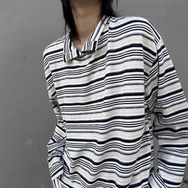 黑色条纹立领休闲长袖t恤男夏季韩系慵懒风防晒上衣美式打底罩衫