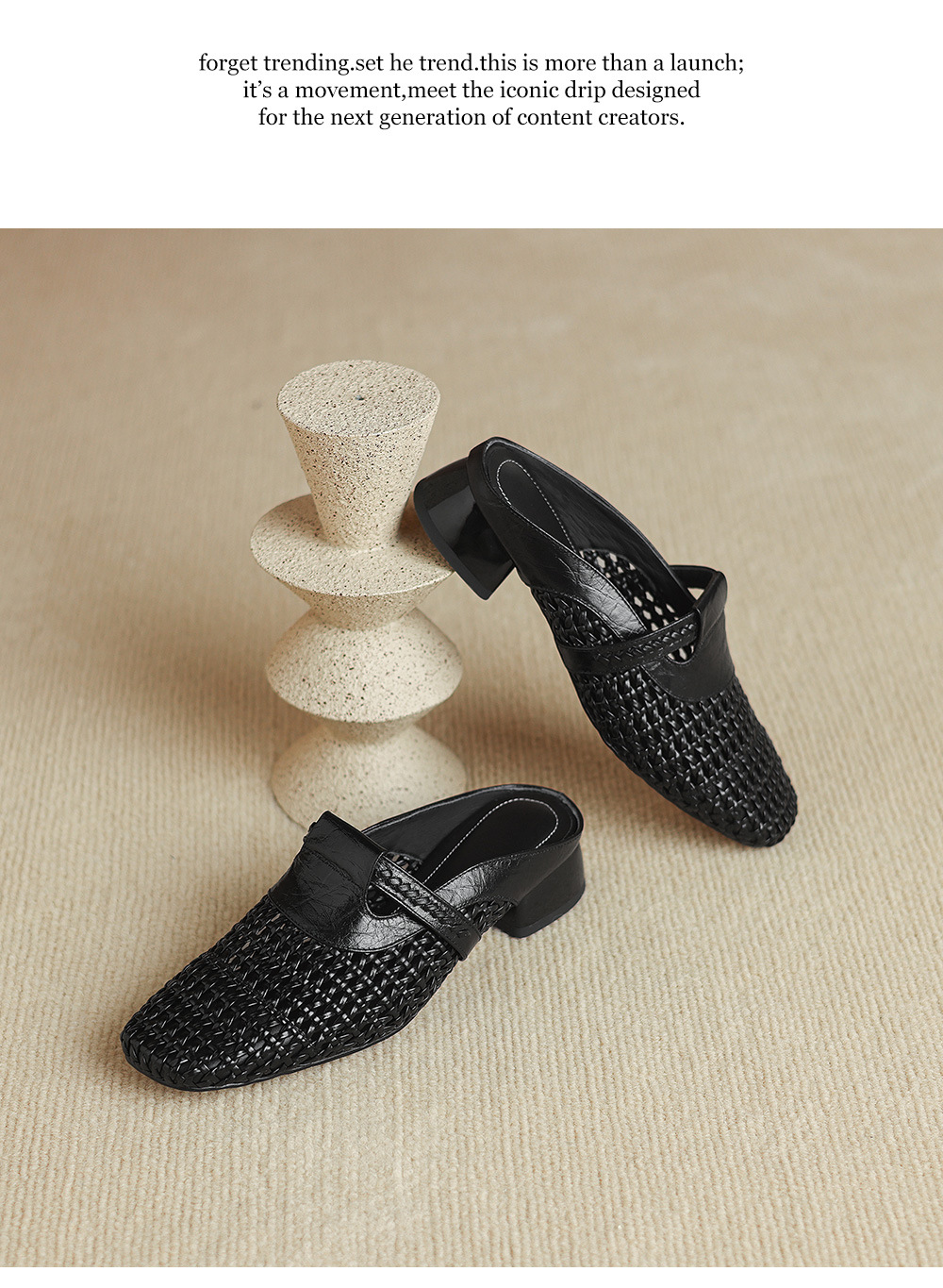 Dép sandal nữ quai chữ V đan dệt, gót thấp 3 cm, phong cách vintage — đen chi tiết 18