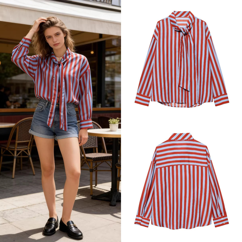 Z Brand Foreign Trade Cross-Border European and American Style Women's Clothing 2026 Spring New High-Neck Bow Long-Sleeve Striped Shirt Z Brand Foreign Trade Cross-Border European and American Style Women's Clothing 2026 Spring New High-Neck Bow Long-Sleeve Striped Shirt