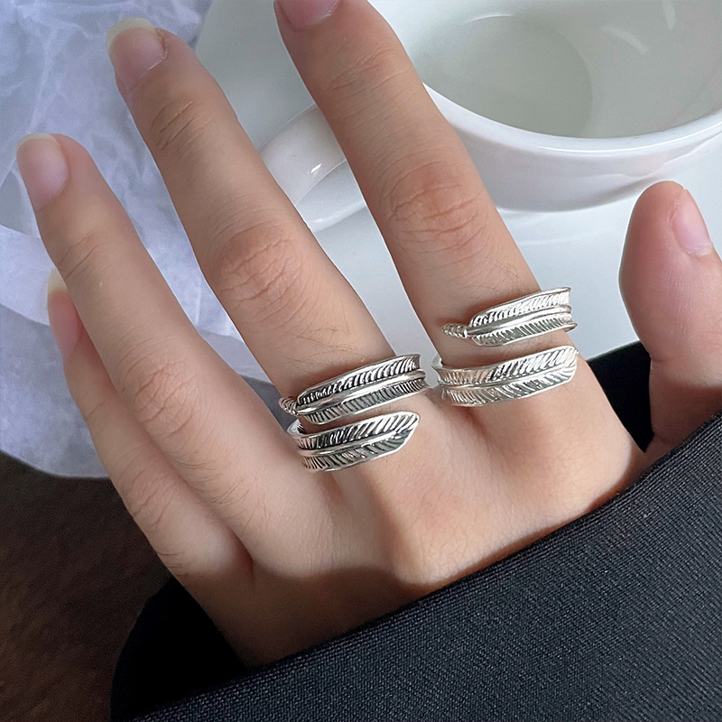岚芷 跨境新款欧美时尚羽毛泰银饰品个性设计潮开口925银戒指批发