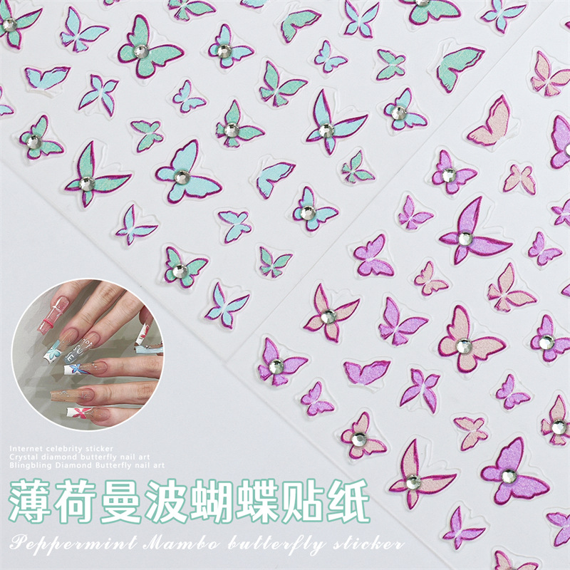 Etiqueta engomada de uñas de mariposa de diamantes de cristal de explosión de celebridades de Internet Mimbo Pinto rosa en relieve Etiqueta engomada de uñas de mariposa con diamante