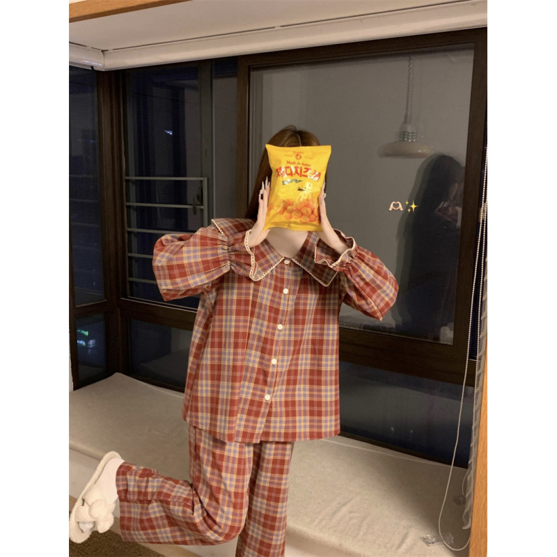 2025 봄 신상품 베이비 칼라 플레드 긴팔 팬츠 카디건 세트 파자마 여성 홈 의류