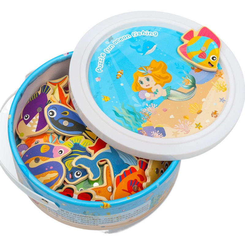 De madera de los niños de la pesca marina juguetes educativos magnética bebé infantil barril traje rompecabezas 0-3 años de edad