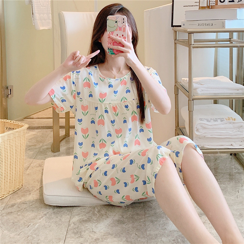 新款棉绸睡衣女夏季薄款两件套短袖人造棉绵绸可爱宽松大码家居服