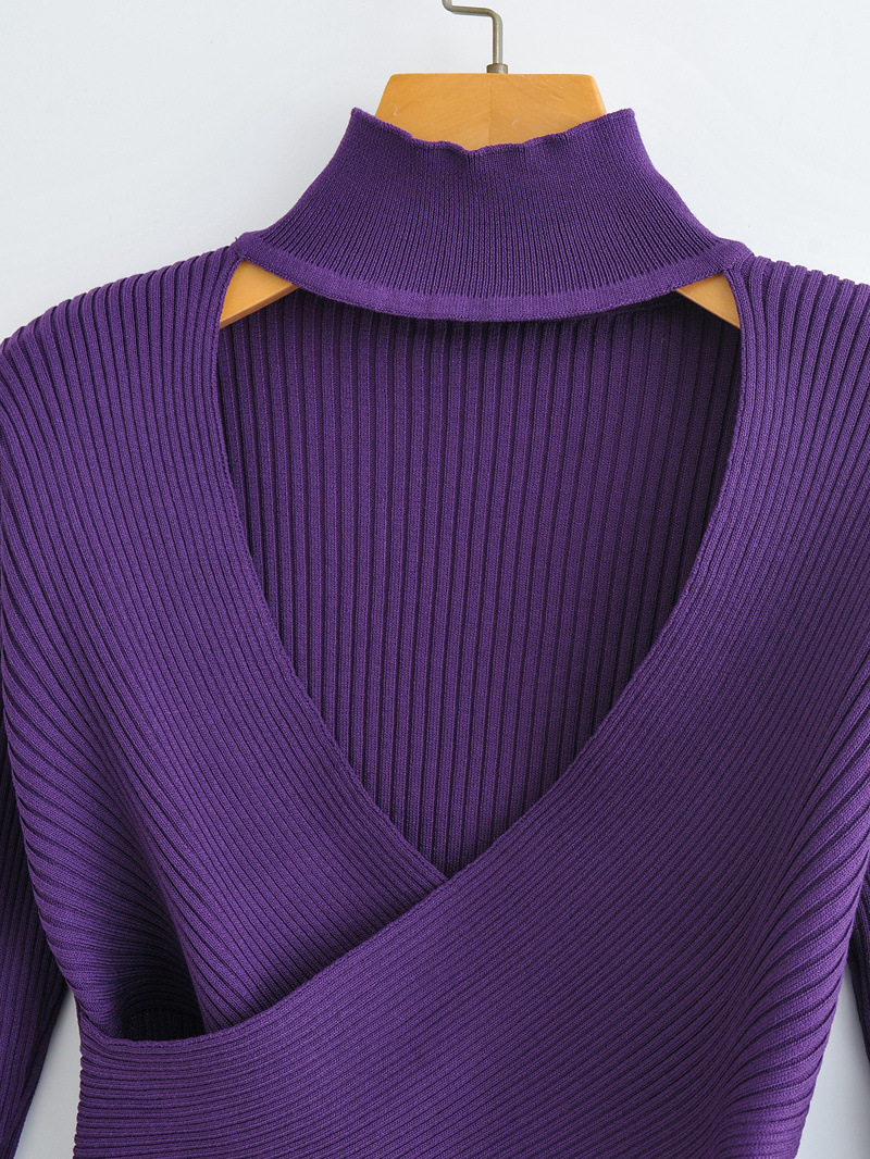 Stand-Up Collar Hollow V Neck Long Sleeve Cross Solid Color Knitted Sweater NSAM114814