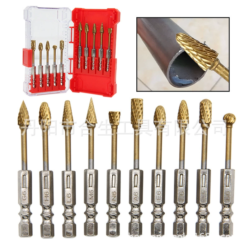 10 шт., пластиковая коробка, титановая шестиугольная ручка, твердосплавная вращающаяся пилка, двухзернистая шлифовальная головка из вольфрамовой стали, вращающаяся пилка