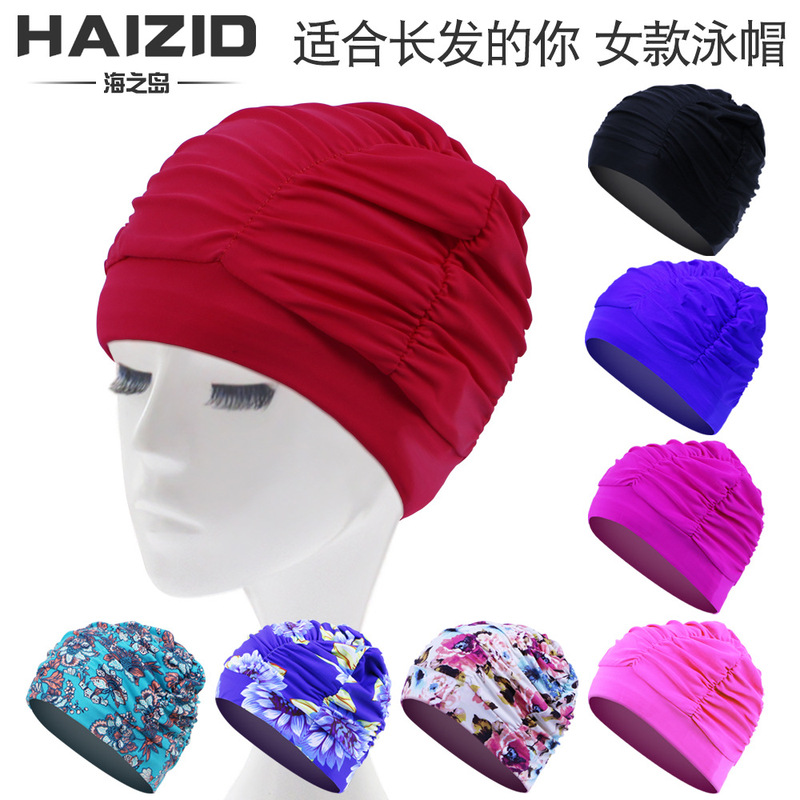 Women's swimming cap pleated swimming cap swimming pool hot spring solid color long hair special cloth swimming cap factory wholesale