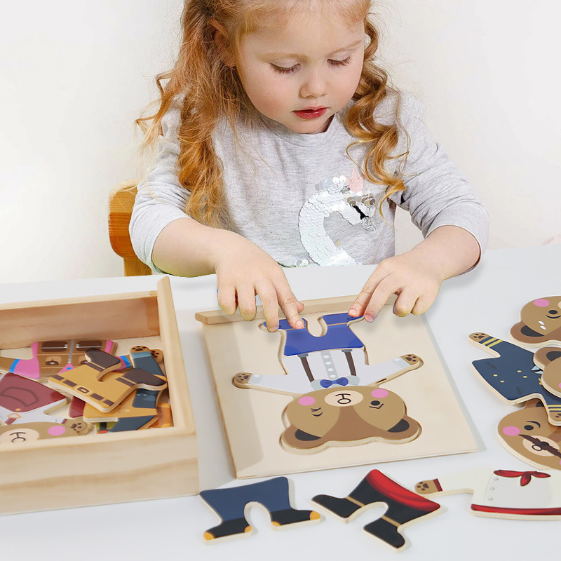 Educación temprana para niños, oso, vestir, rompecabezas, rompecabezas tridimensionales, ejercicio, combinación de acción fina, rompecabezas, juguetes de madera