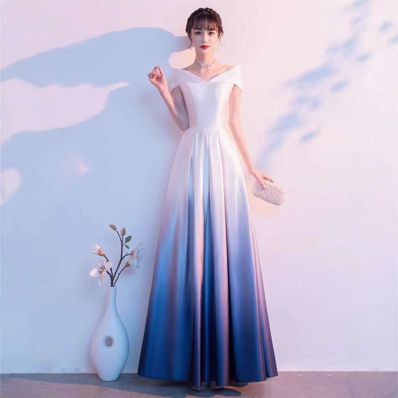 French V Neck Choir Performance Dress Women's Long Skirt New Satin Gradient Dress Elegant Elegant Host Skirt