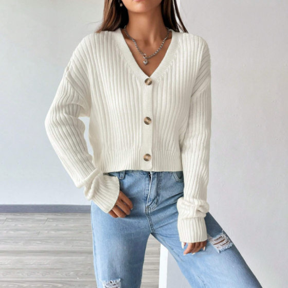 Amazon Cross-border V-neck Women's Sweater Autumn and Winter Loose Long-sleeved Knitted Coat Solid Color Buckle Casual Cardigan