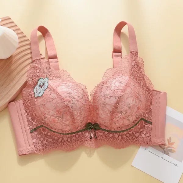 Non-magnetic Rings-free Underwear Women's Small Chest Large Push-up Floral Lace Bra Adjustable Bra