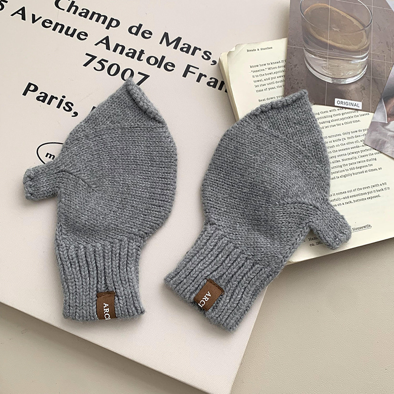 Guantes de medio dedo de invierno lindos etiquetas coreanas para jugar con teléfonos móviles a prueba de frío dedos expuestos pantalla táctil guantes de lana de punto