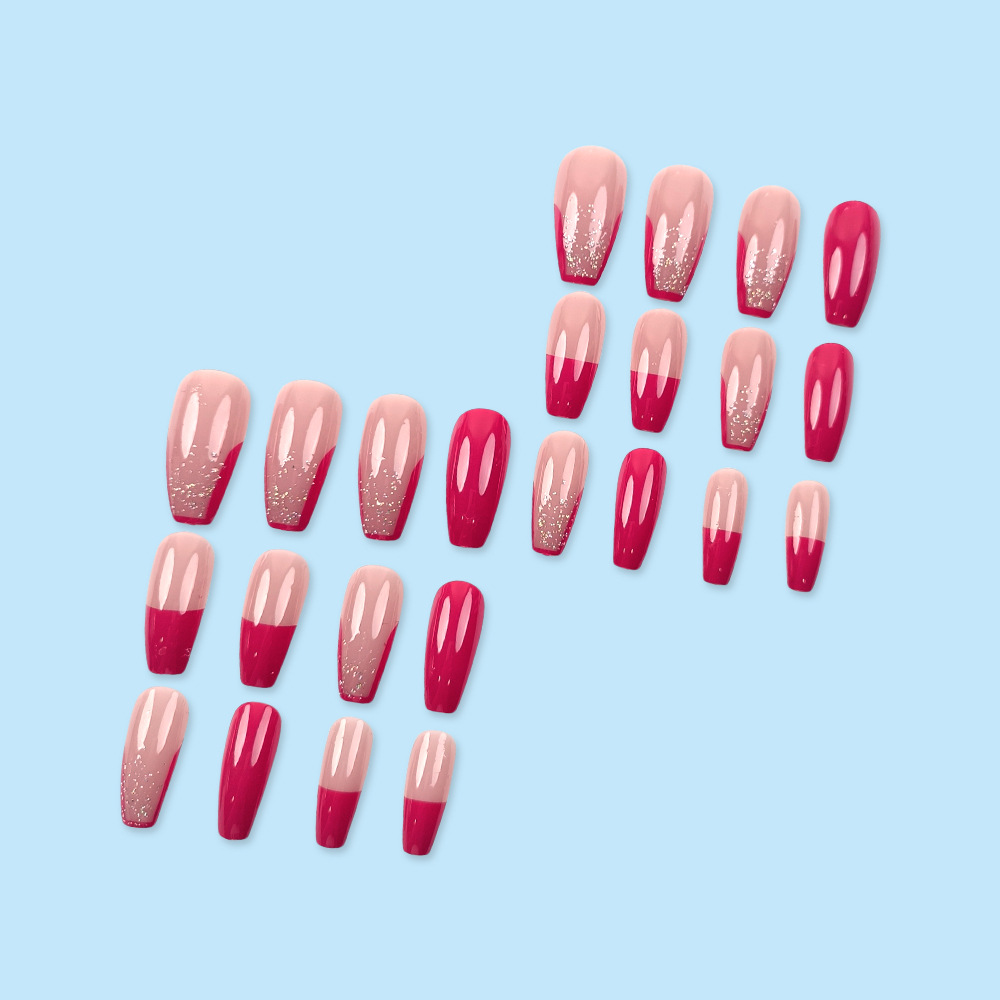 Uñas postizas francesas trapezoidales brillantes color rojo cereza, estilo para viajeros internacionales, arte de uñas que ilumina la piel, 24 piezas de uñas postizas al por mayor en stock.