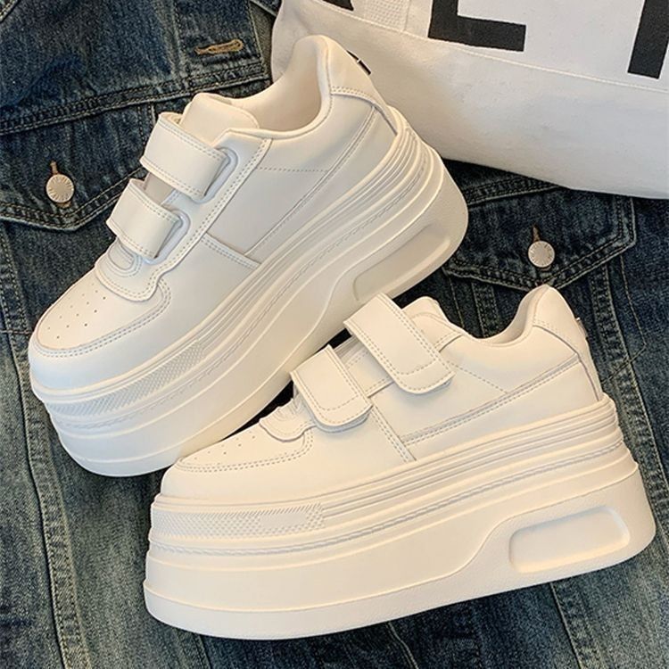 Petite Women's 7cm Thick-Soled Velcro White Sneakers 2026 Spring Fashion Sports Casual Shoes Trendy Shoes