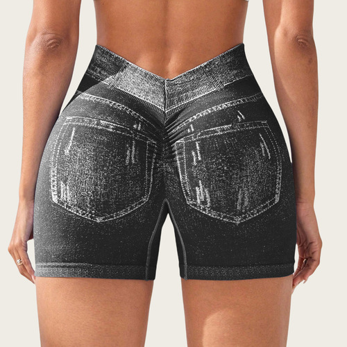 Mu Yao European and American imitation denim seamless yoga shorts women's rear V waist lifting hip tight running sports fitness pants