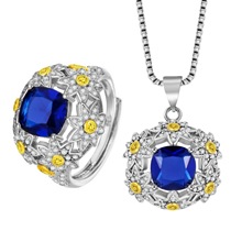 网红花卉套装系列 双色电镀向日葵花朵皇家蓝宝石戒指镶嵌钻石女