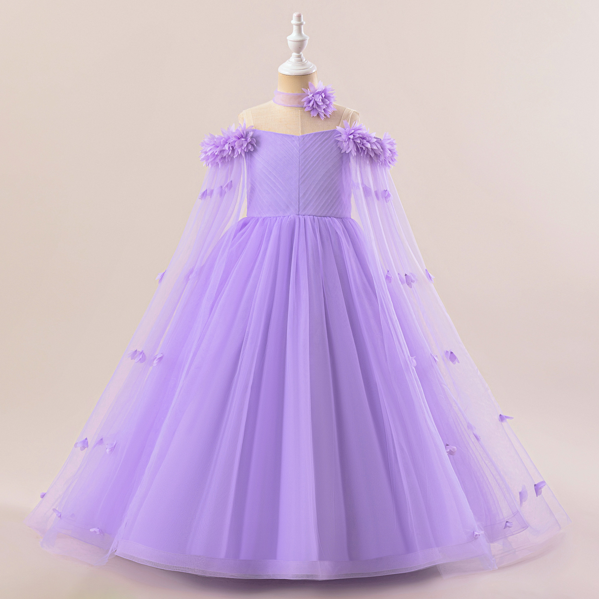 Amazon nuevo vestido de niños de tamaño mediano y grande, abrigo de cuello de flor tridimensional, red de anfitrión pequeño vestido de noche