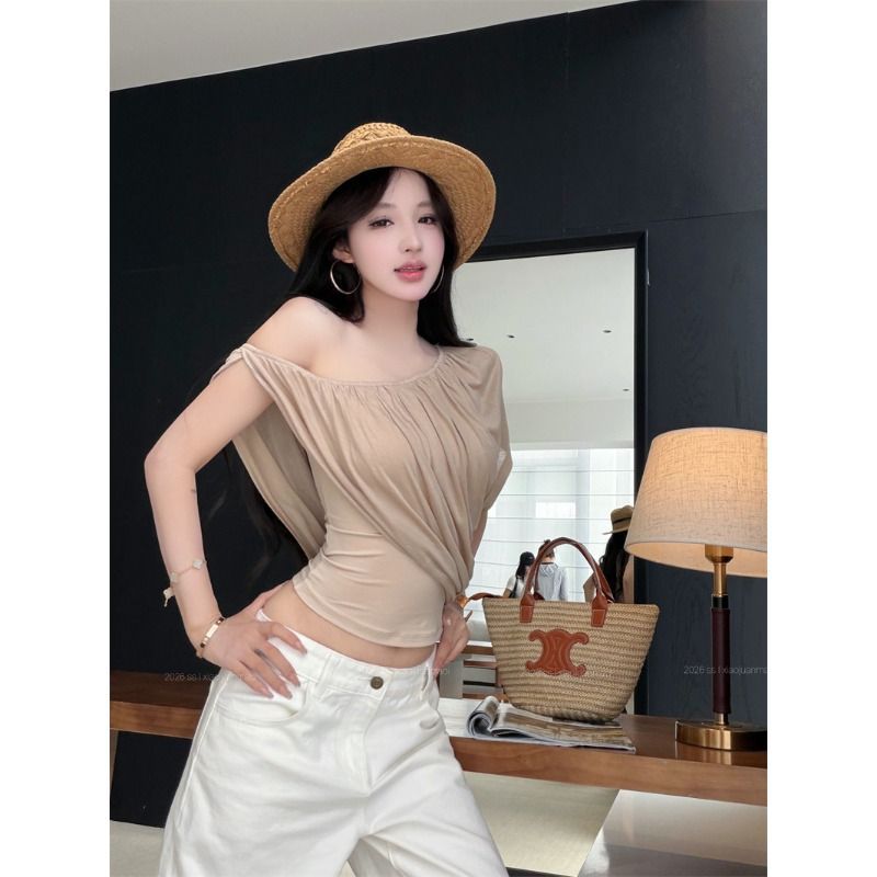 Zy628 Asymmetrical Pleated Faux Two-Piece T-Shirt for Women, Slim Fit, Stylish Design, Stretchy, Breathable Knit, Trendy Top