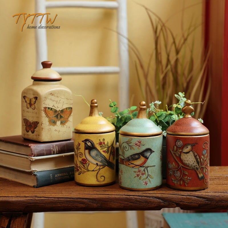 36Y7法式乡村做旧花鸟带盖收纳罐储物瓶桌面摆件家居饰品陶瓷装饰