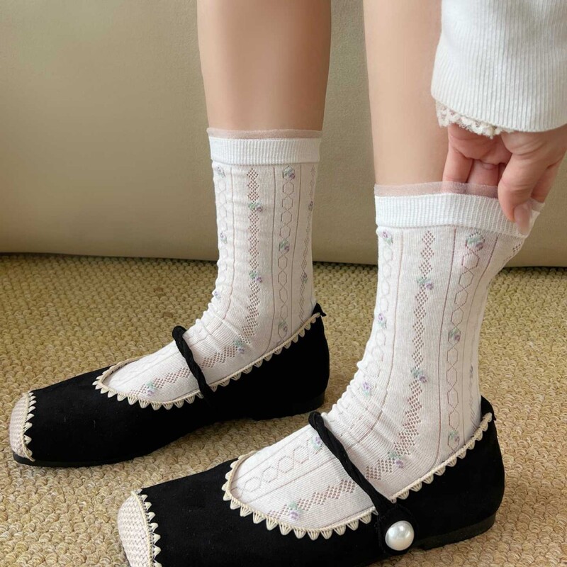 Summer Thin Floral Socks for Women, Mid-Calf Lace Ruffle Socks, Korean Style Simple Women's Socks, Diamond Pattern Socks