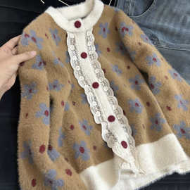D6C设计感小众法式蕾丝拼接毛衣外套女2025冬季新款巨好看宽松针