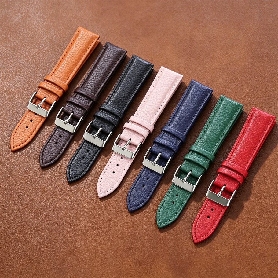 Lychee-patterned genuine leather watch strap, ultra-soft and waterproof, men's and women's watch chain accessories, wholesale available.