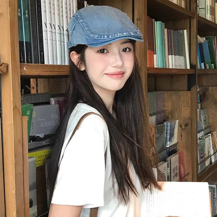 Washed Denim Forward Cap for Women, Summer Style, Japanese Retro Painter's Cap, Denim Cap, Beret, Baseball Cap