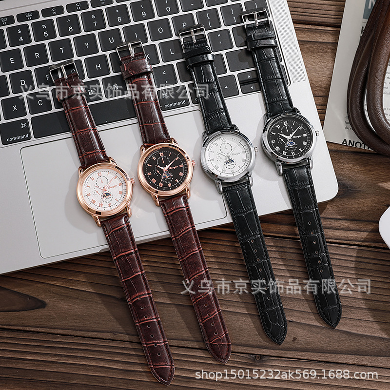 Foreign Trade Cross-Border Casual Fashion Stylish Fake Three-Eye Moon Men's Watch Men's Watch with Bamboo Strap Quartz Watch Wristwatch