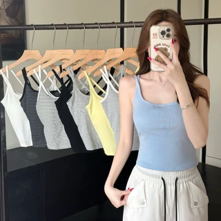 纯欲风带胸垫方领吊带背心女新款内搭修身夏季无袖打底衫女短