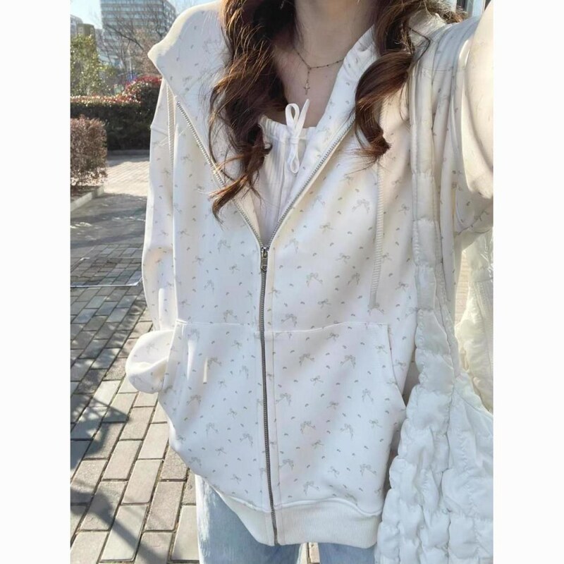 Imitation Cotton Composite Hooded Bow Sweatshirt Jacket for Women, Spring and Autumn 2026 New Style, Zip-Up Cardigan, Trendy Outfit Imitation Cotton Composite Hooded Bow Sweatshirt Jacket for Women, Spring and Autumn 2026 New Style, Zip-Up Cardigan, Trendy Outfit