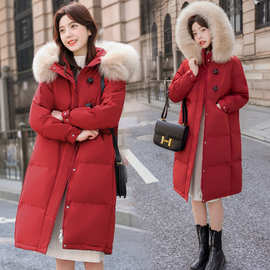 专柜品牌羽绒服冬季女款2023年新款红色中长款过膝加厚派克外套